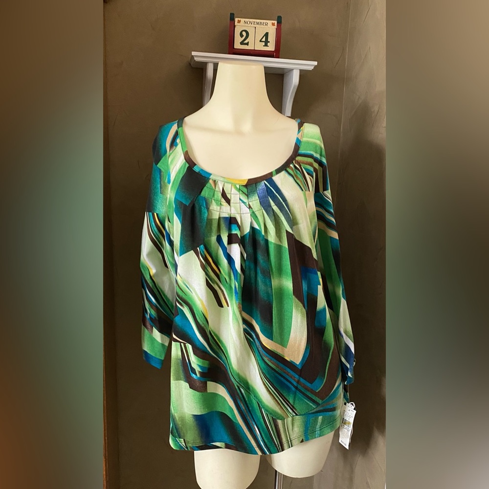 AB Studio knit top blouse top geometric abstract print 3/4 sleeves XL